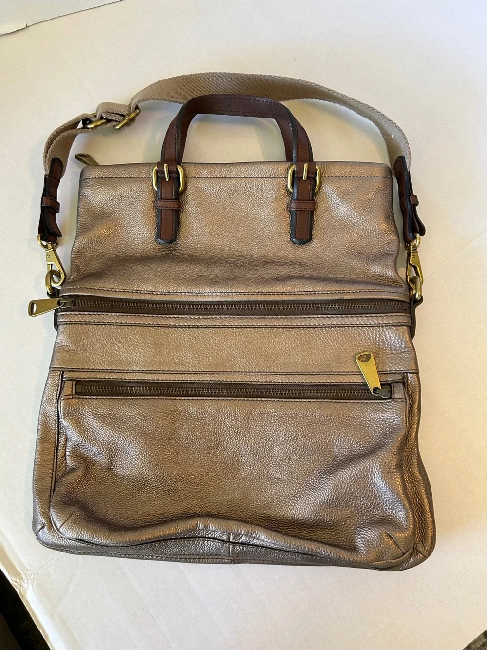 FOSSIL LARGE LEATHER BRONZE FOLDOVER TOTE CROSSBODY HOBO BAG